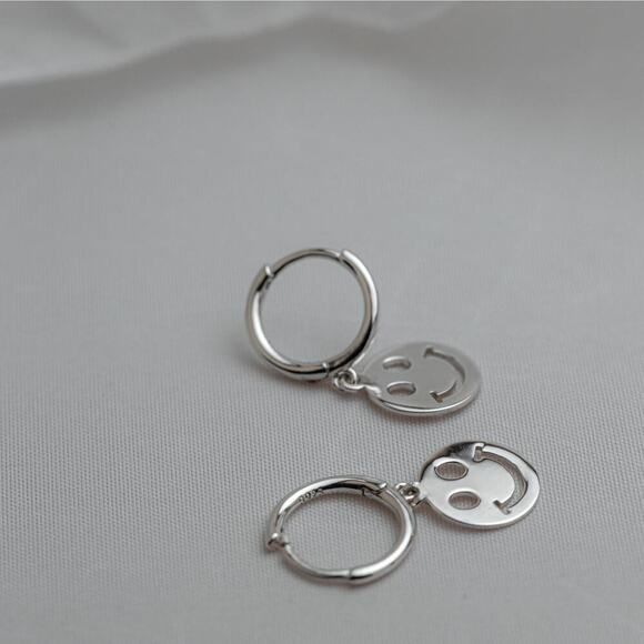 Smiley Face Hoop Earrings, 925 Sterling Silver Gold Plated Earrings, - Picture 5 of 7